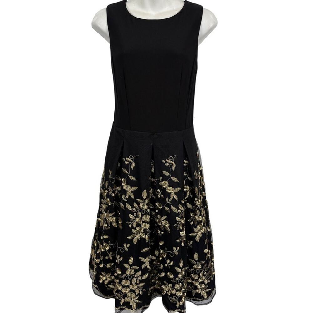 R&K Embroidered Pleated Sleeveless Black Gold Stretch Bodice Dress Party Event 8